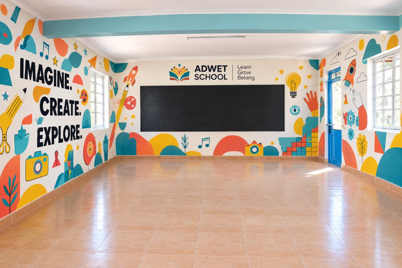 A bright, mural-decorated classroom at Adwet Academy