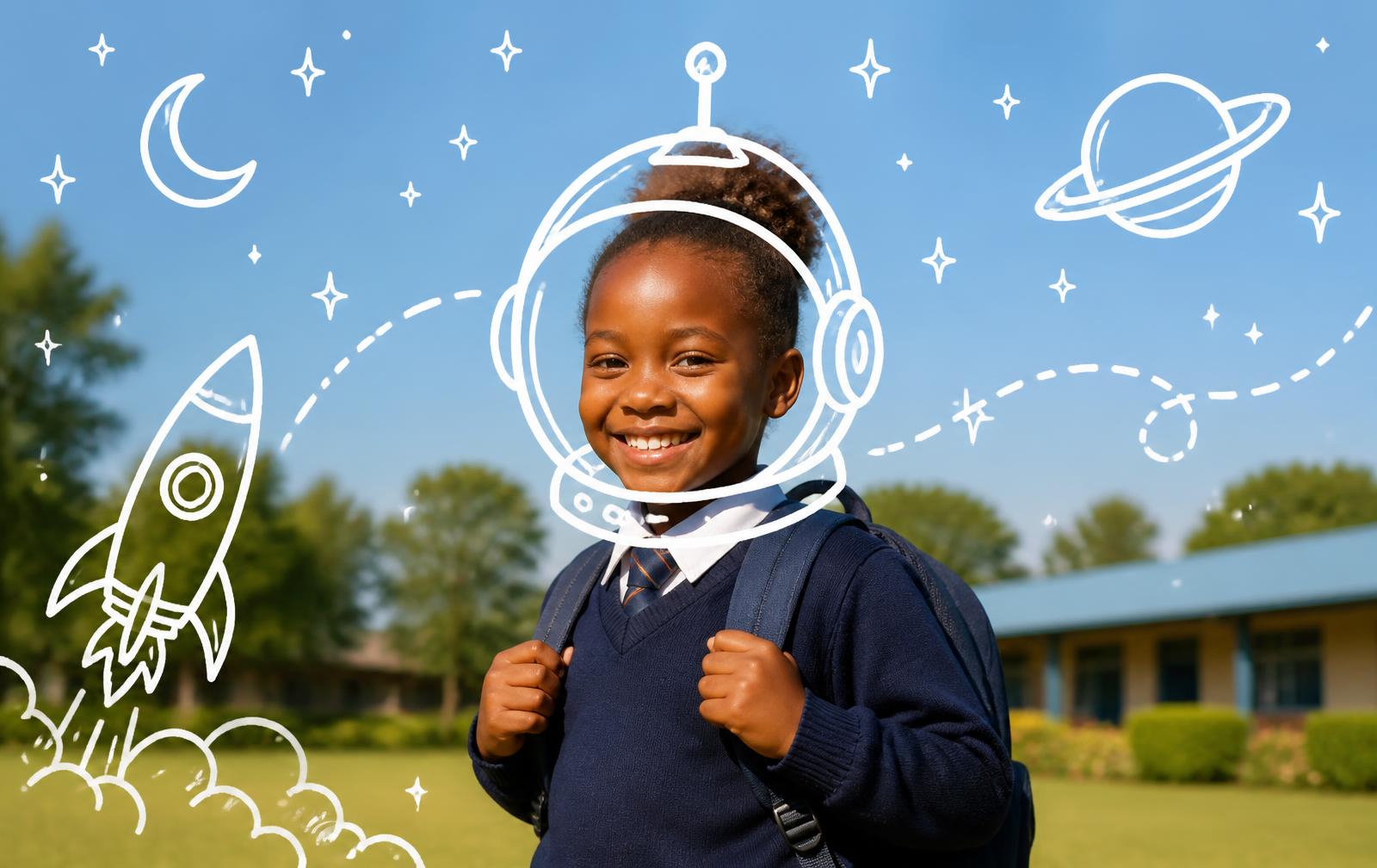 A smiling Adwet Academy learner with a hand-drawn astronaut helmet doodle around her head, surrounded by a sketched rocket, planet, moon and stars