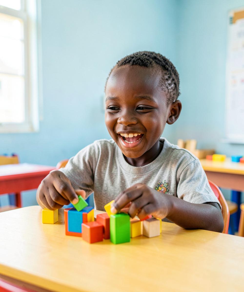 A learner exploring shapes with colourful blocks